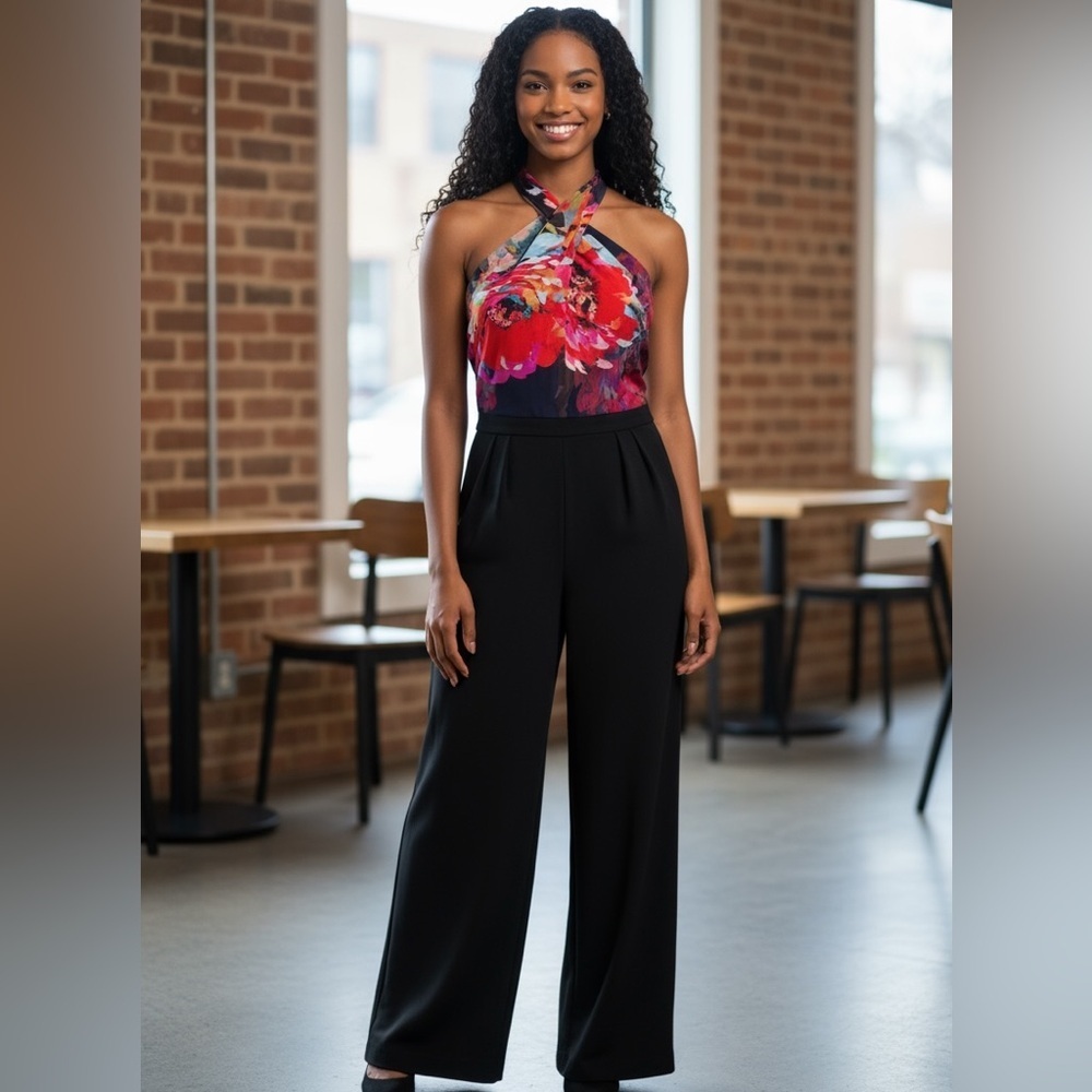 Trina Turk Black Jumpsuit with Floral Halter Top